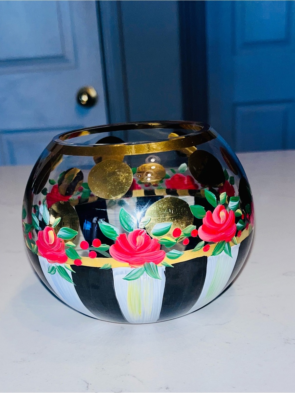 MacKenzie-Childs Heirloom Glass Globe Vase Bloom Bowl Black, White & Red Roses